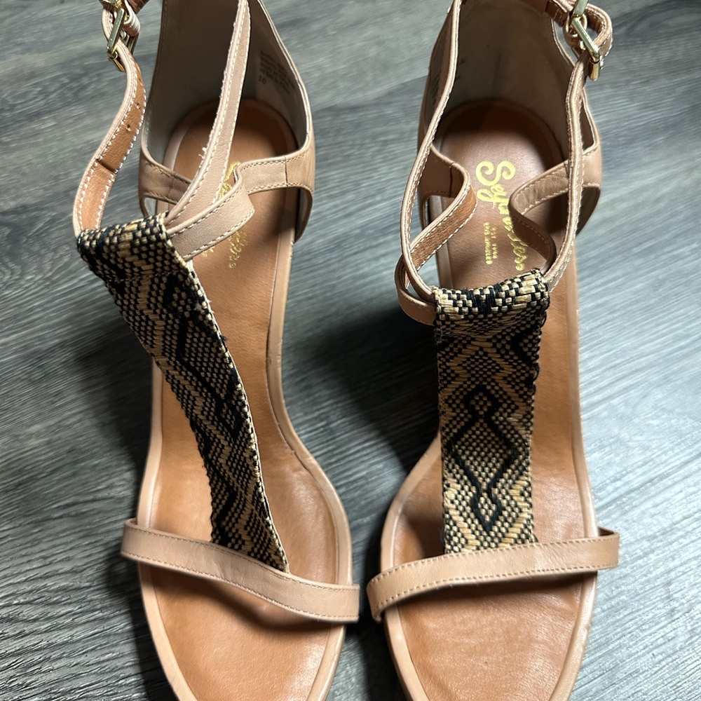 Tan and Black Sandals with Geometric Embellishments